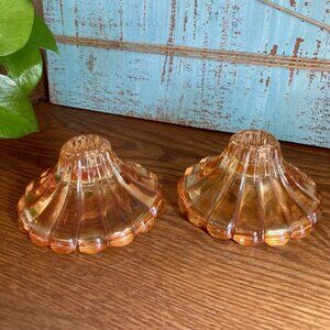 Set of 2  Vtg Lot  Marigold Carnival Glass Candle Holders – Orange Depression